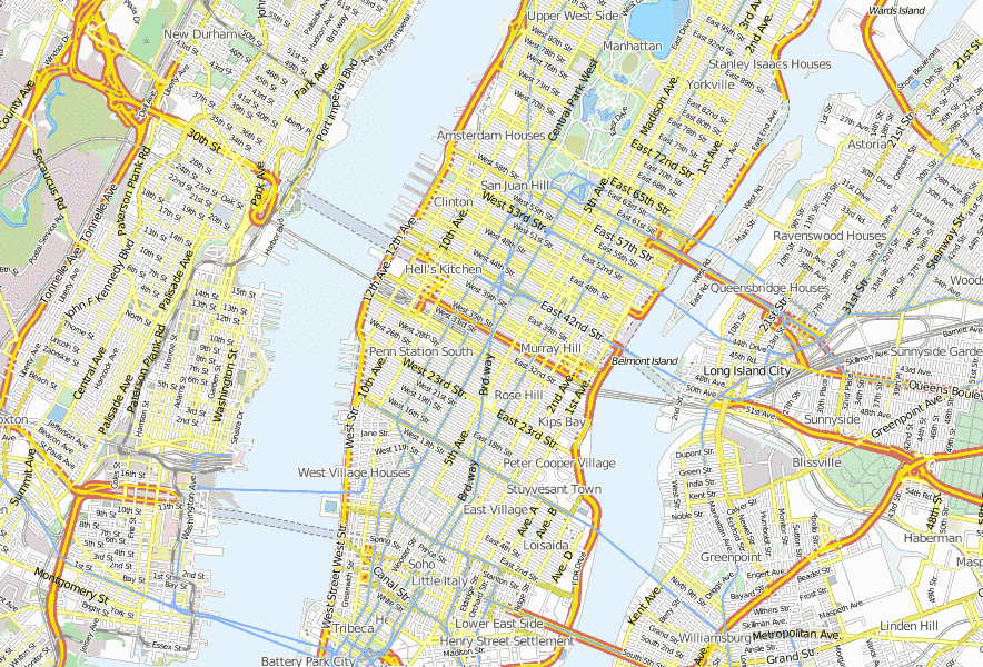 Theatre District Stadtplan mit Satellitenaufnahme und Hotels von New York